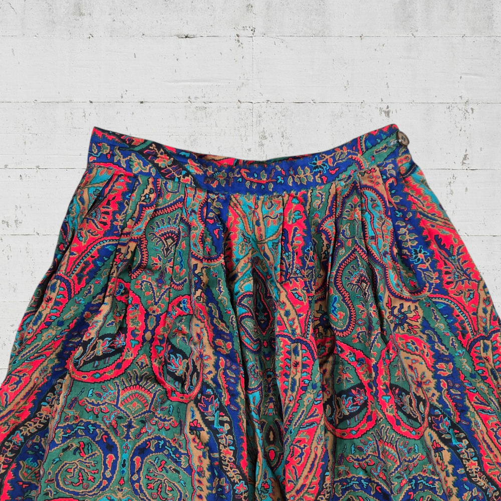 1970s Vintage Paisley Tapestry Red Blue Pleated Midi Skirt Made in USA Size 8 - Picture 3 of 11